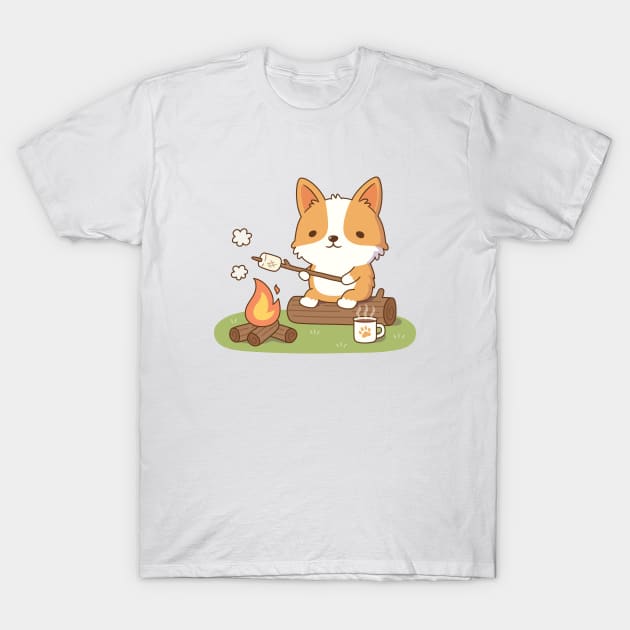 Cute Corgi Toasting Marshmallow At Campfire T-Shirt by rustydoodle